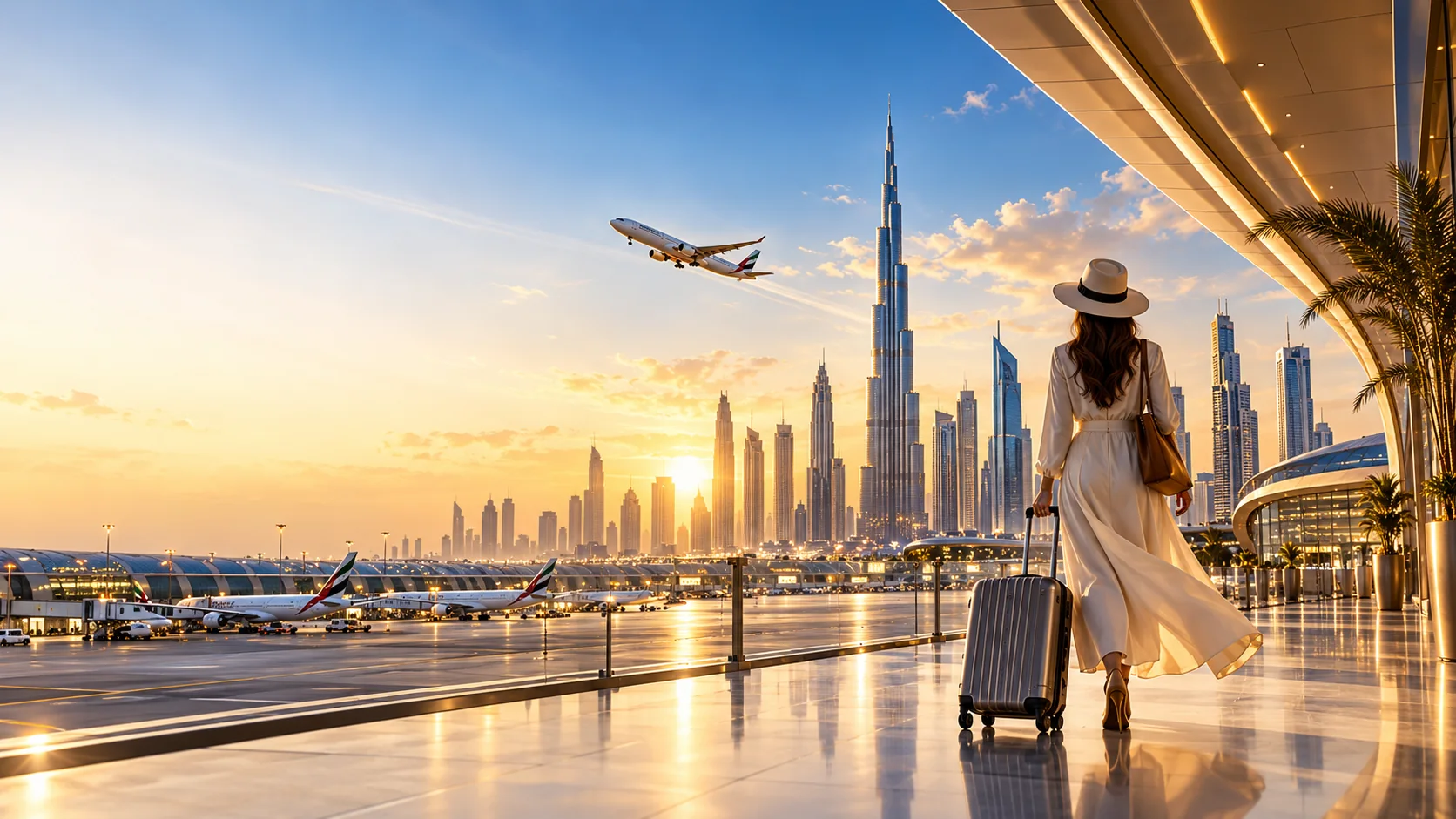 Traveller with luggage overlooking Dubai airport and skyline